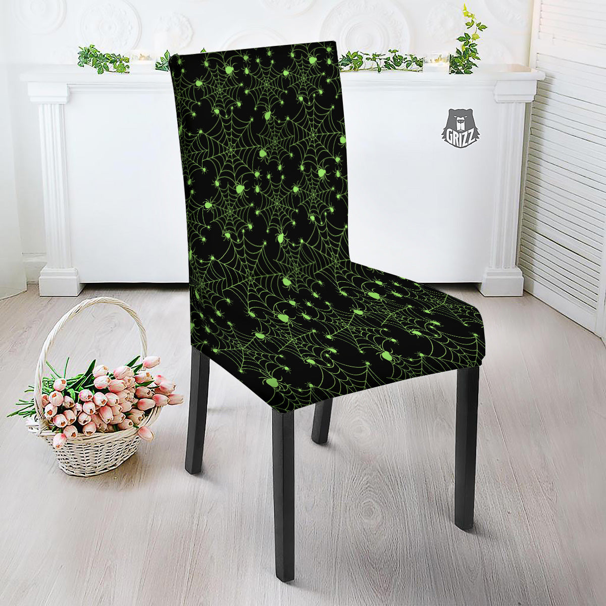 Spider Black And Green Neon Spider Web Print Pattern Dining Chair Slipcover-grizzshop