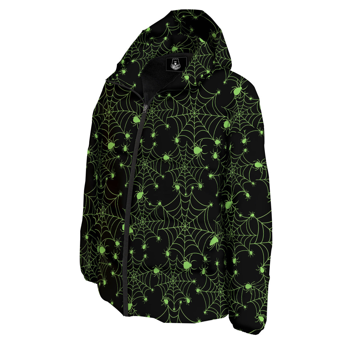 Spider Black And Green Neon Spider Web Print Pattern Down Jacket-grizzshop