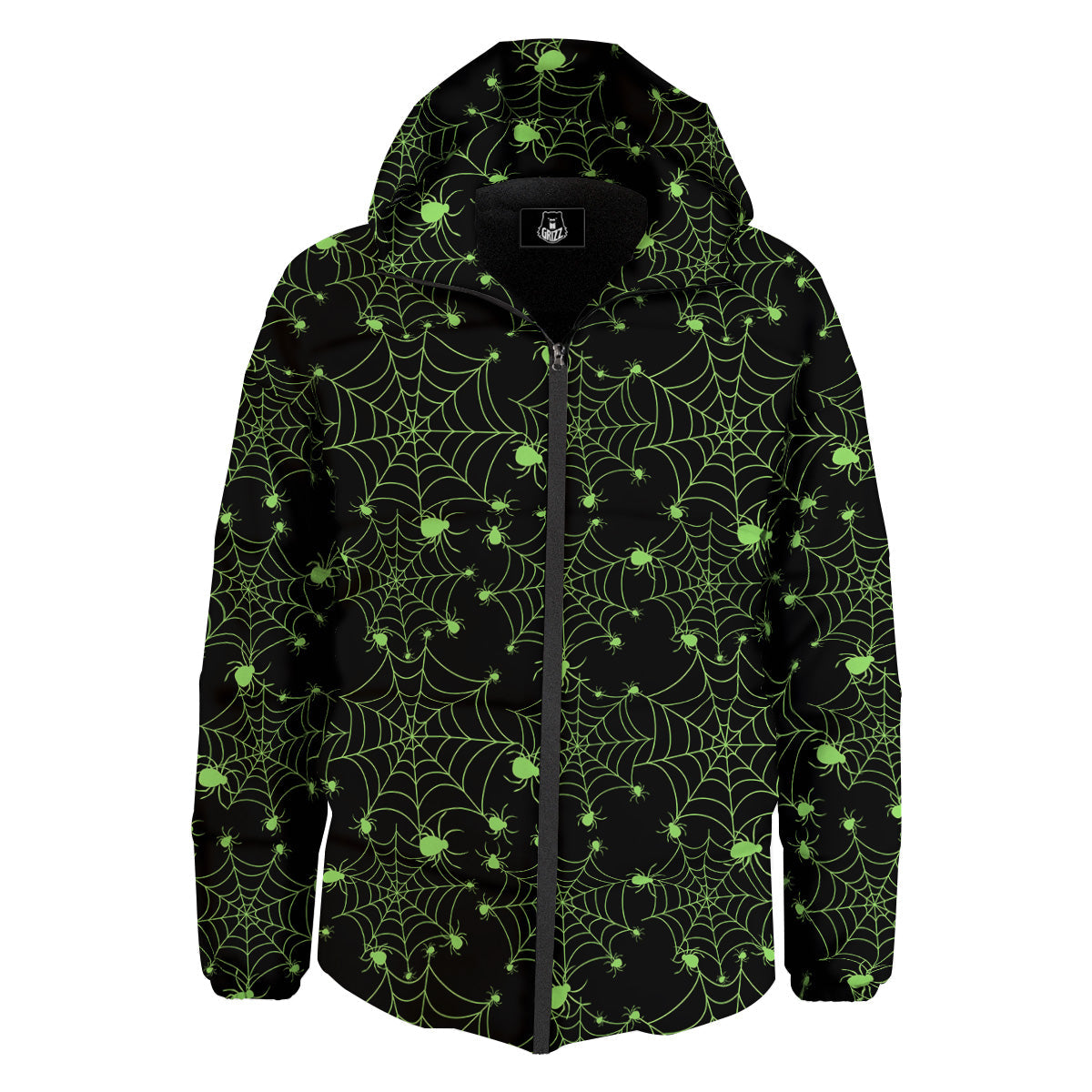 Spider Black And Green Neon Spider Web Print Pattern Down Jacket-grizzshop