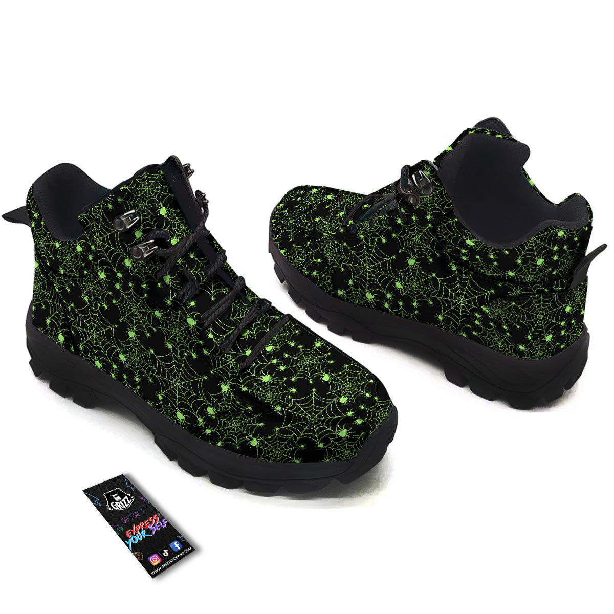 Spider Black And Green Neon Spider Web Print Pattern Hiking Shoes-grizzshop