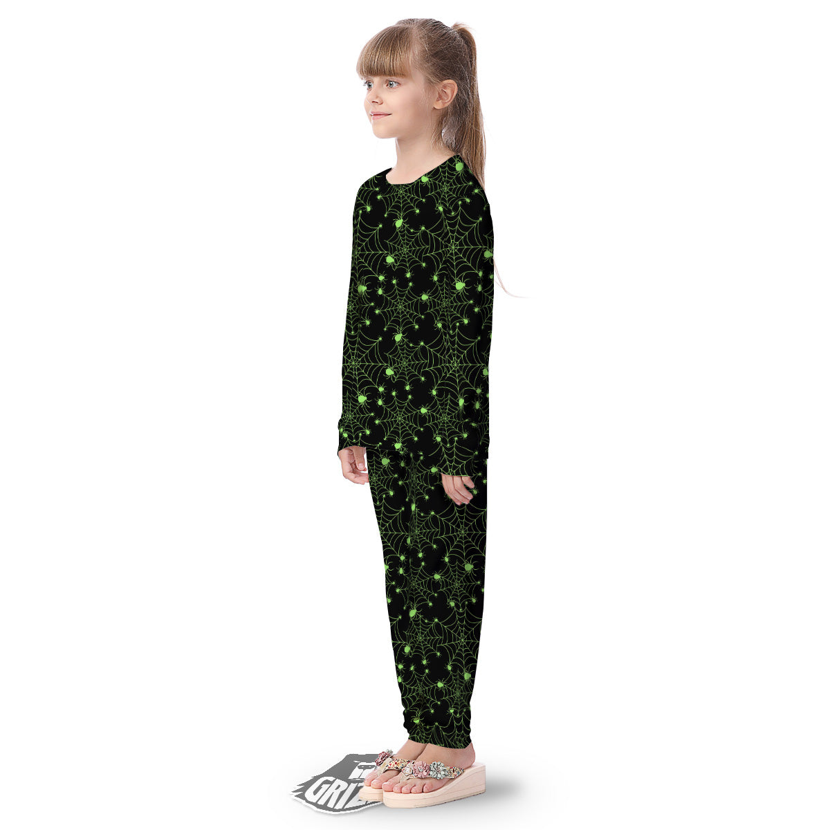 Spider Black And Green Neon Spider Web Print Pattern Kid's Pajamas-grizzshop