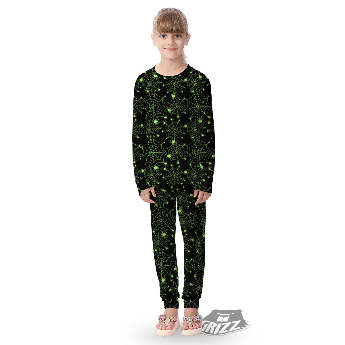 Spider Black And Green Neon Spider Web Print Pattern Kid's Pajamas-grizzshop