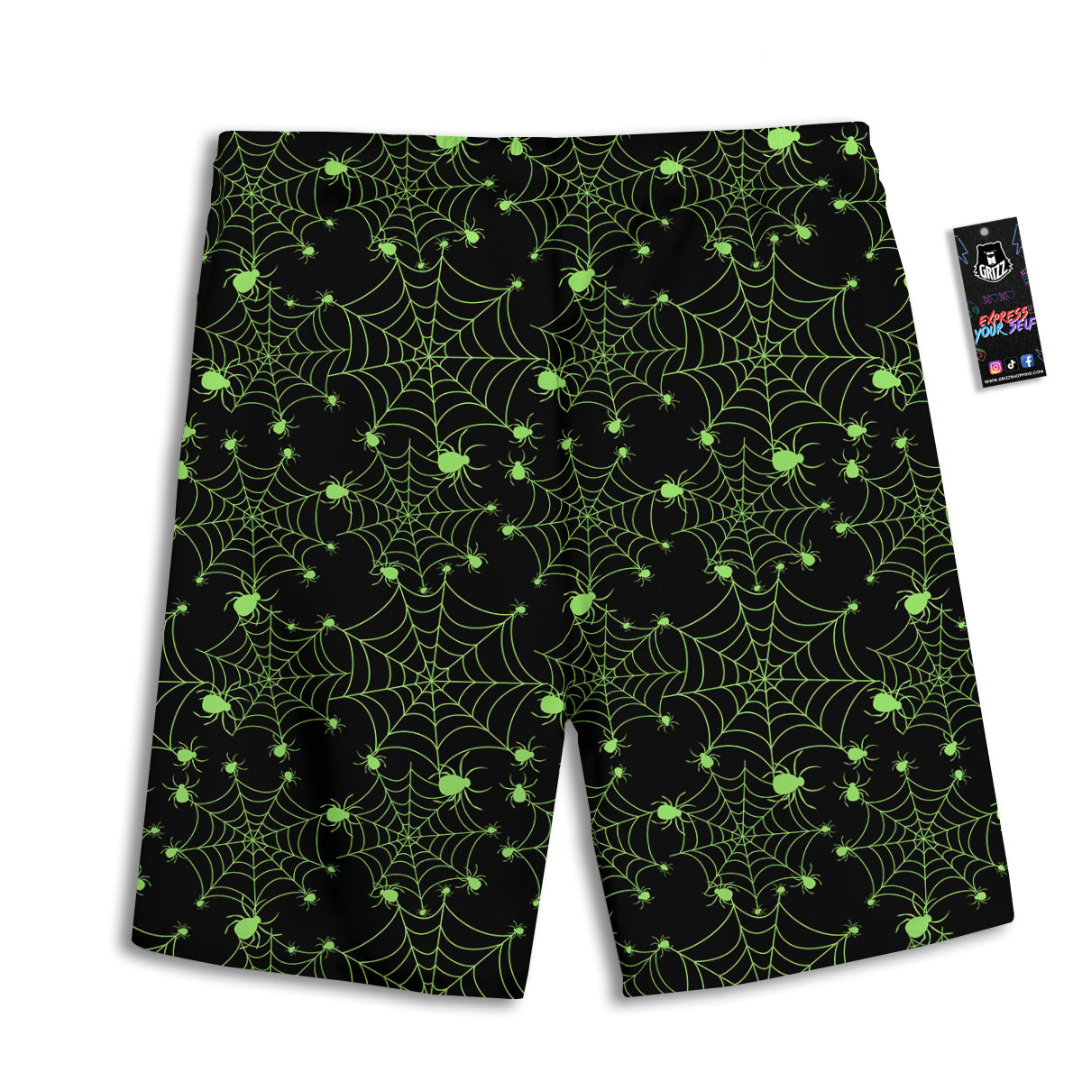 Spider Black And Green Neon Spider Web Print Pattern Men's Athletic Shorts