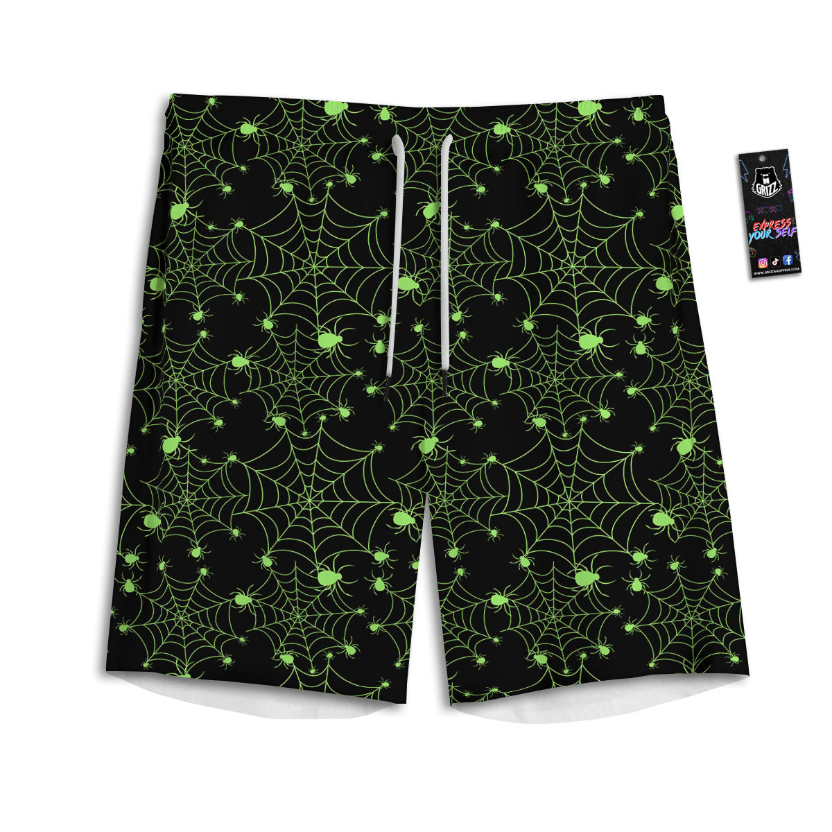 Spider Black And Green Neon Spider Web Print Pattern Men's Athletic Shorts