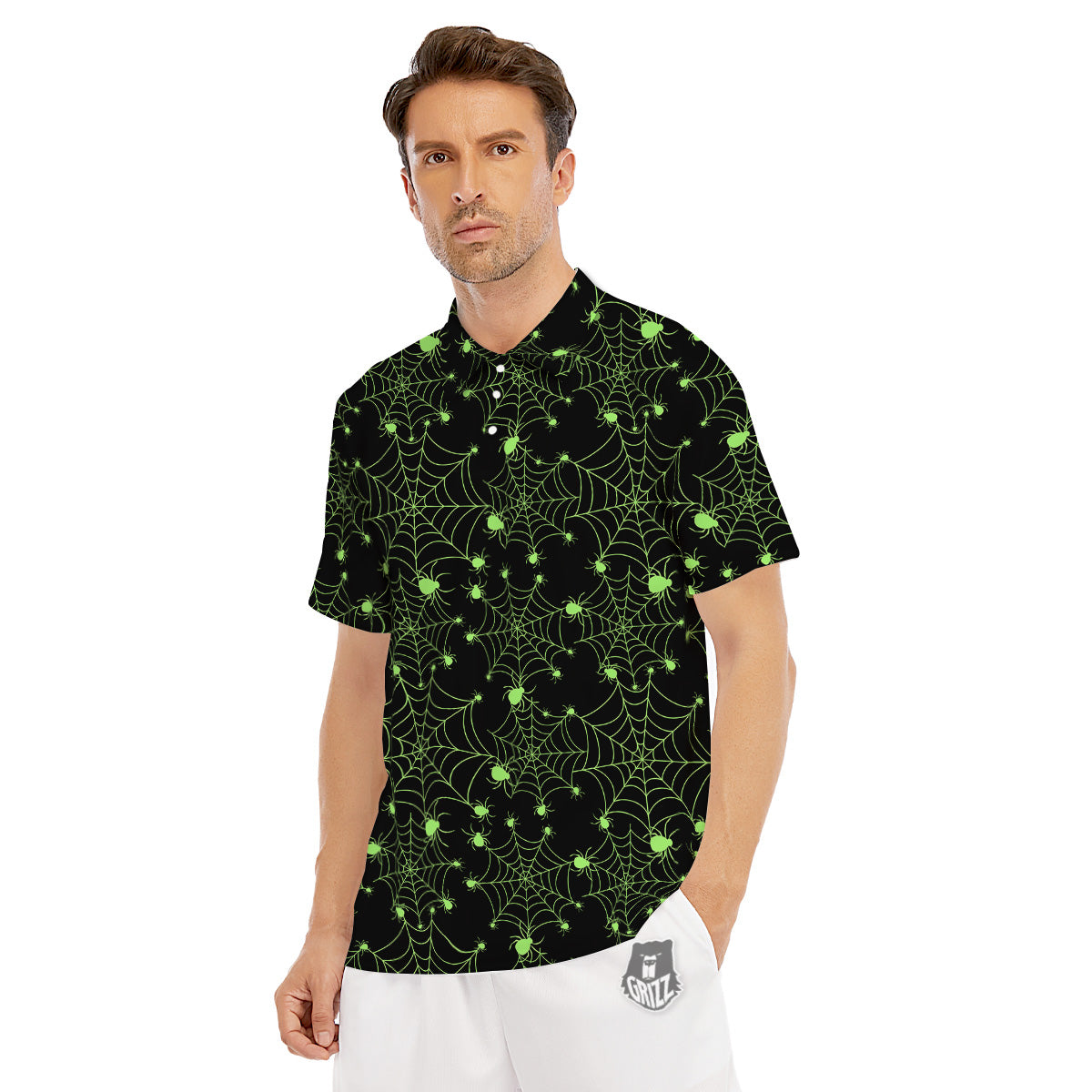 Spider Black And Green Neon Spider Web Print Pattern Men's Golf Shirts-grizzshop