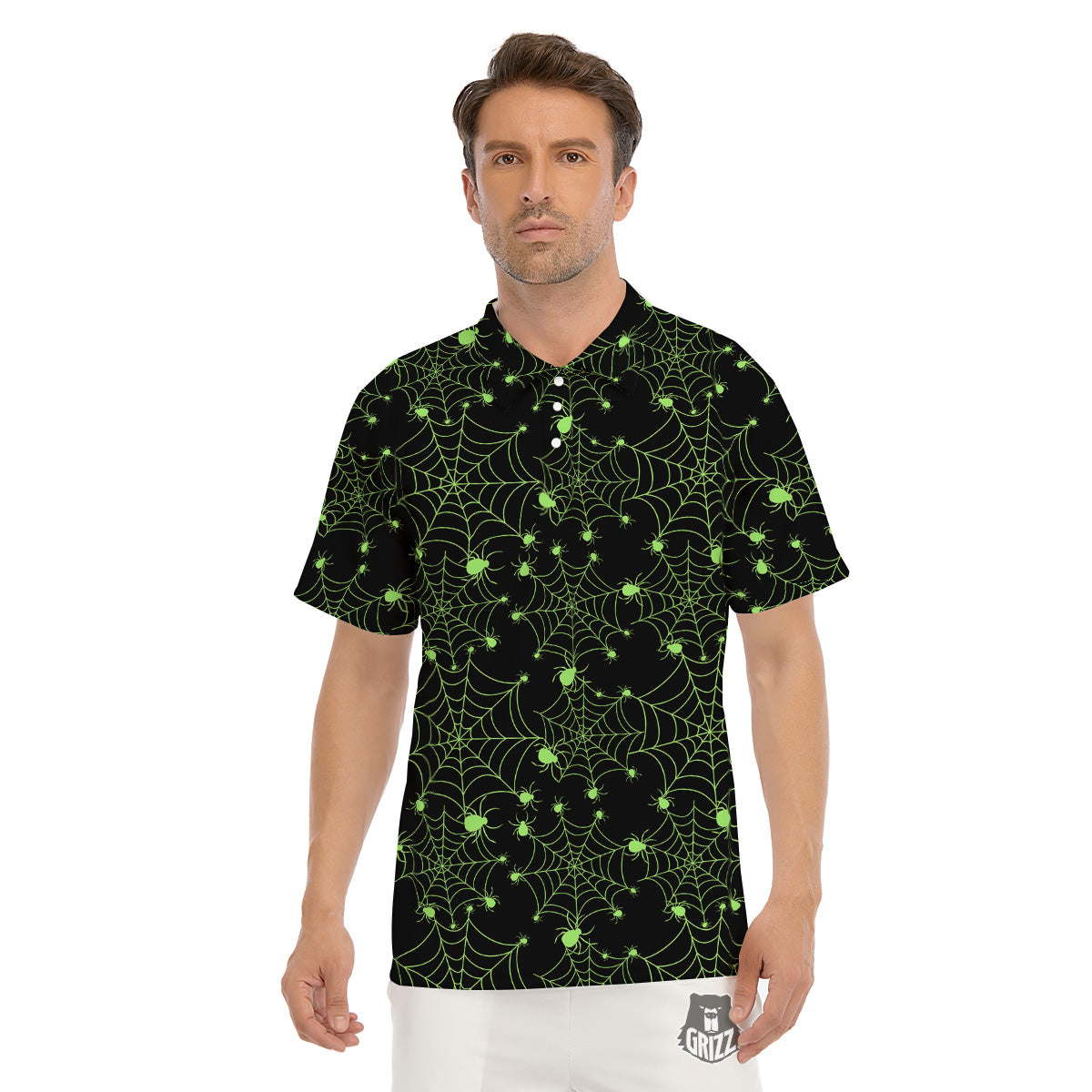 Spider Black And Green Neon Spider Web Print Pattern Men's Golf Shirts-grizzshop