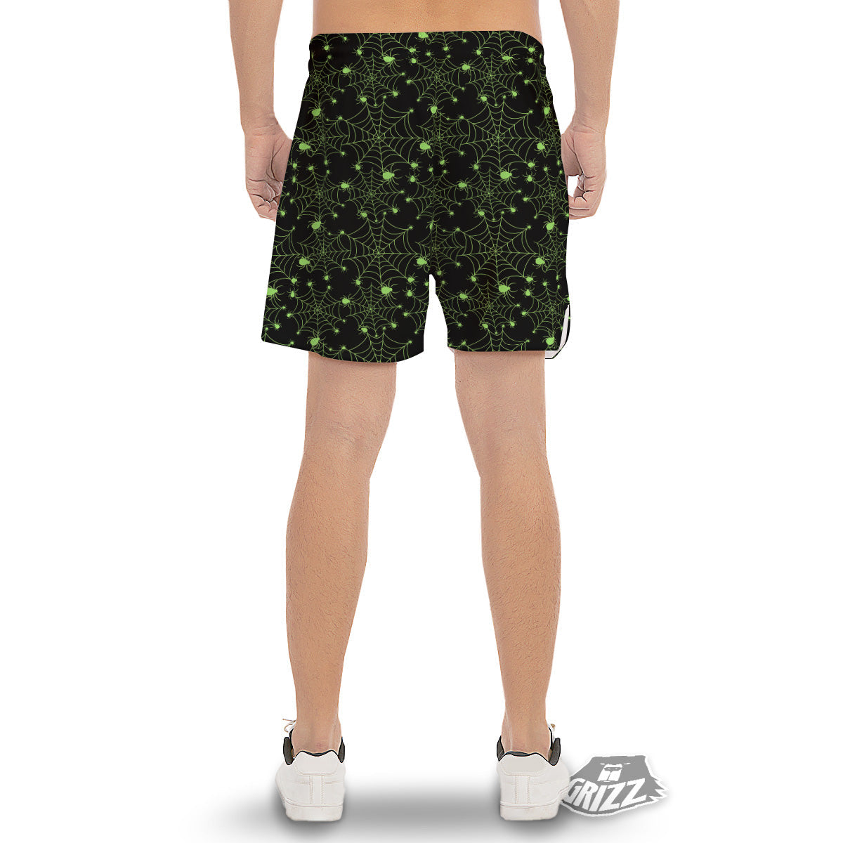Spider Black And Green Neon Spider Web Print Pattern Men's Gym Shorts-grizzshop