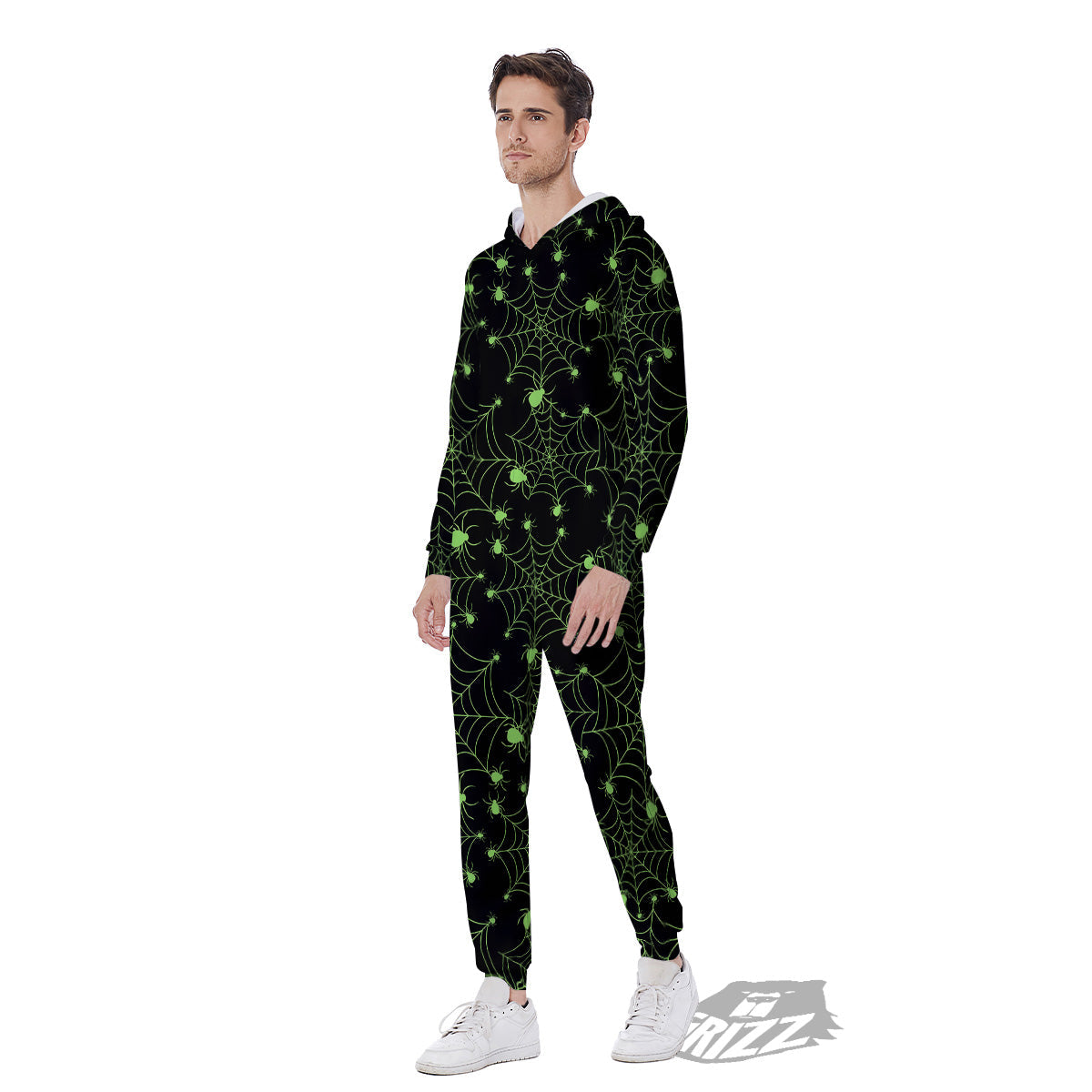 Spider Black And Green Neon Spider Web Print Pattern Men's Jumpsuit-grizzshop