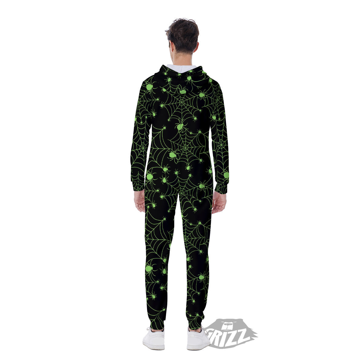 Spider Black And Green Neon Spider Web Print Pattern Men's Jumpsuit-grizzshop