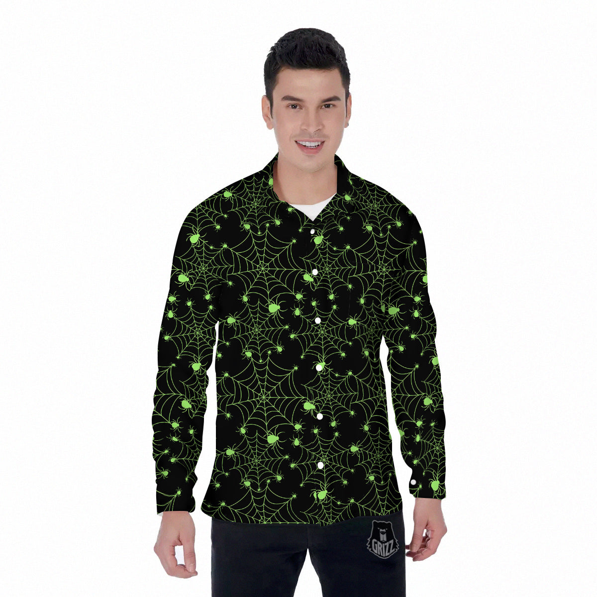 Spider Black And Green Neon Spider Web Print Pattern Men's Long Sleeve Shirts-grizzshop