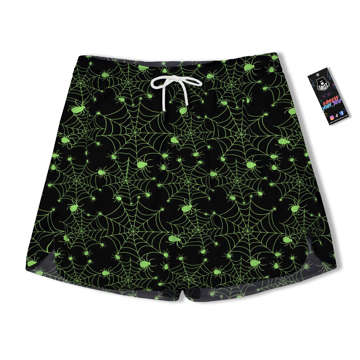 Spider Black And Green Neon Spider Web Print Pattern Men's Running Shorts-grizzshop