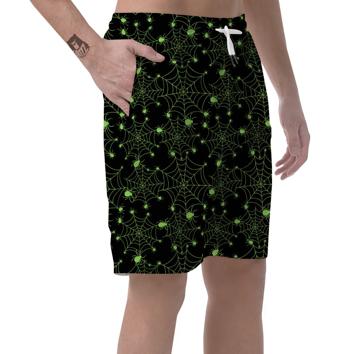 Spider Black And Green Neon Spider Web Print Pattern Men's Shorts-grizzshop