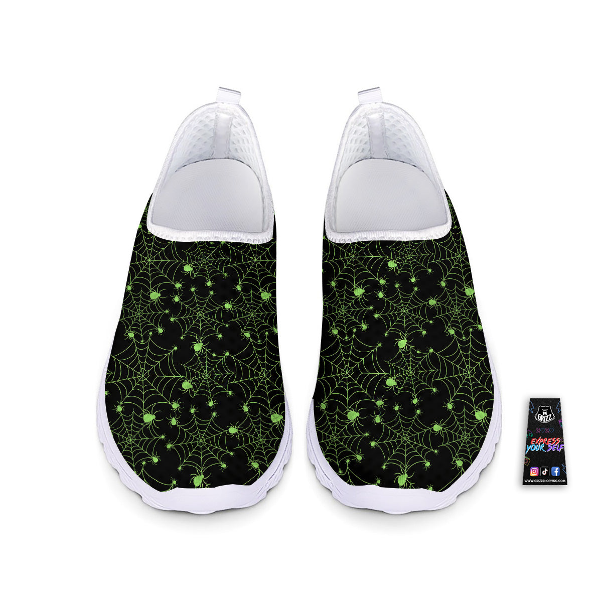 Spider Black And Green Neon Spider Web Print Pattern Nurse Shoes-grizzshop