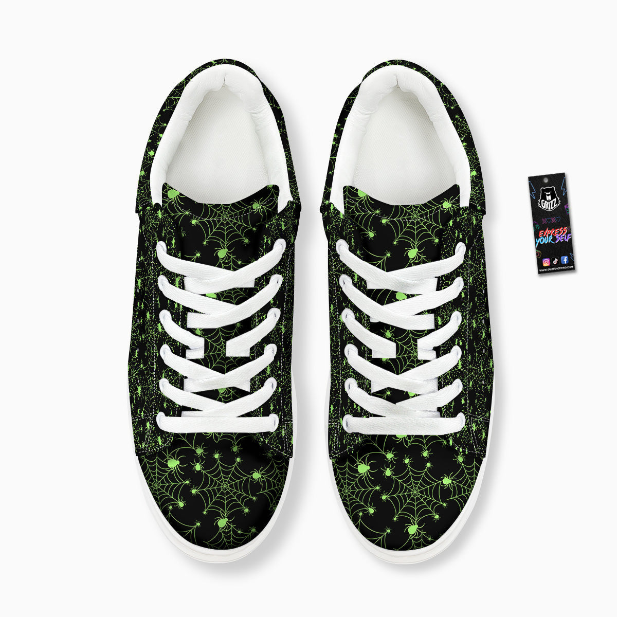 Spider Black And Green Neon Spider Web Print Pattern Platform Shoes-grizzshop