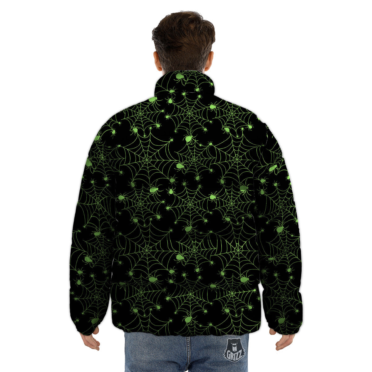 Spider Black And Green Neon Spider Web Print Pattern Puffer Jacket-grizzshop
