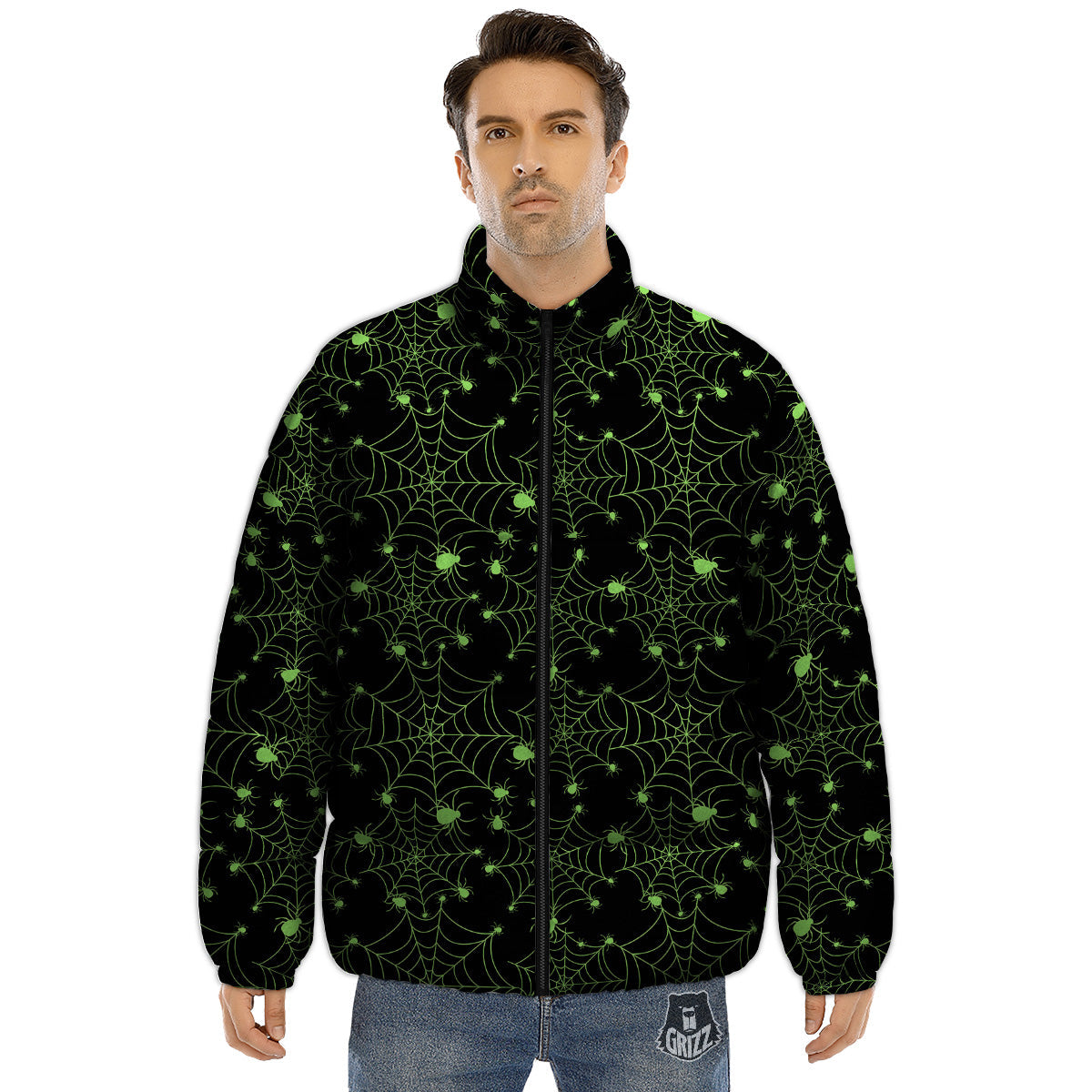 Spider Black And Green Neon Spider Web Print Pattern Puffer Jacket-grizzshop