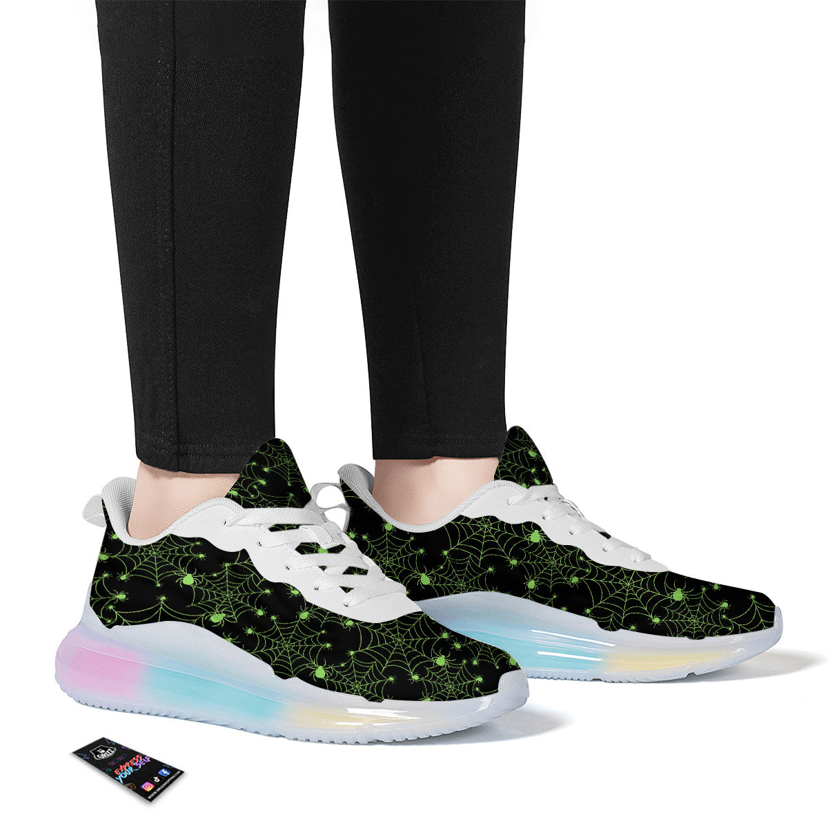 Spider Black And Green Neon Spider Web Print Pattern Running Sneakers-grizzshop