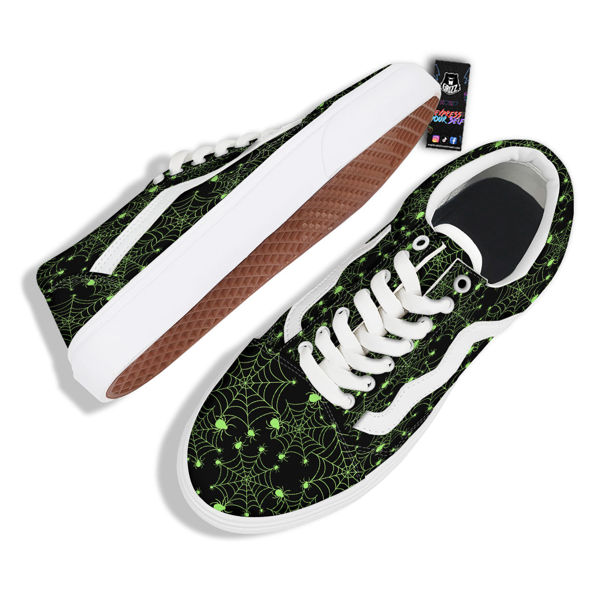 Spider Black And Green Neon Spider Web Print Pattern Skate Shoes-grizzshop