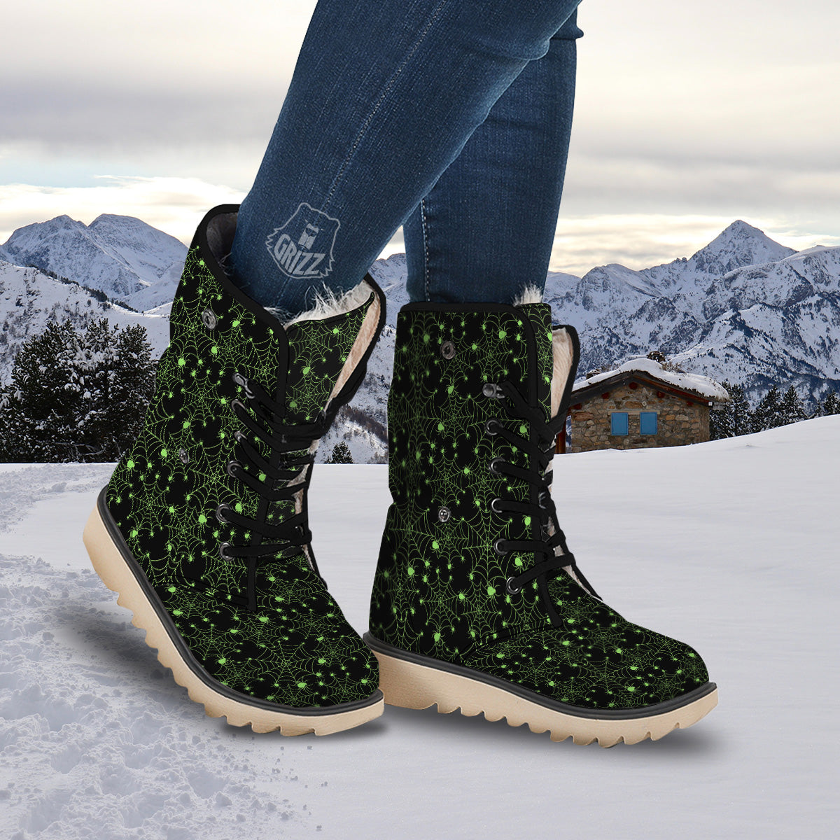 Spider Black And Green Neon Spider Web Print Pattern Snow Boots-grizzshop