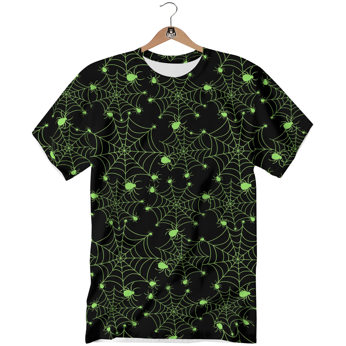 Spider Black And Green Neon Spider Web Print Pattern T-Shirt-grizzshop