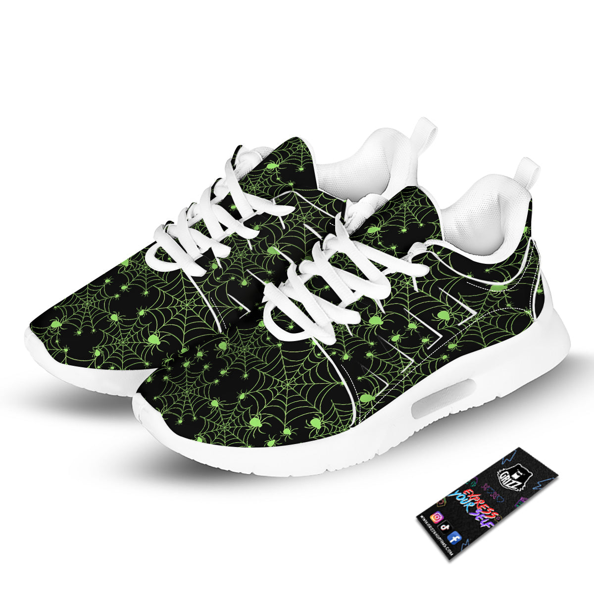 Spider Black And Green Neon Spider Web Print Pattern Tennis Shoes-grizzshop