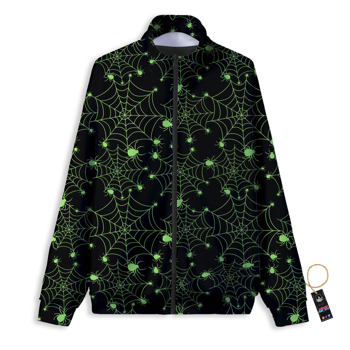 Spider Black And Green Neon Spider Web Print Pattern Track Jacket-grizzshop