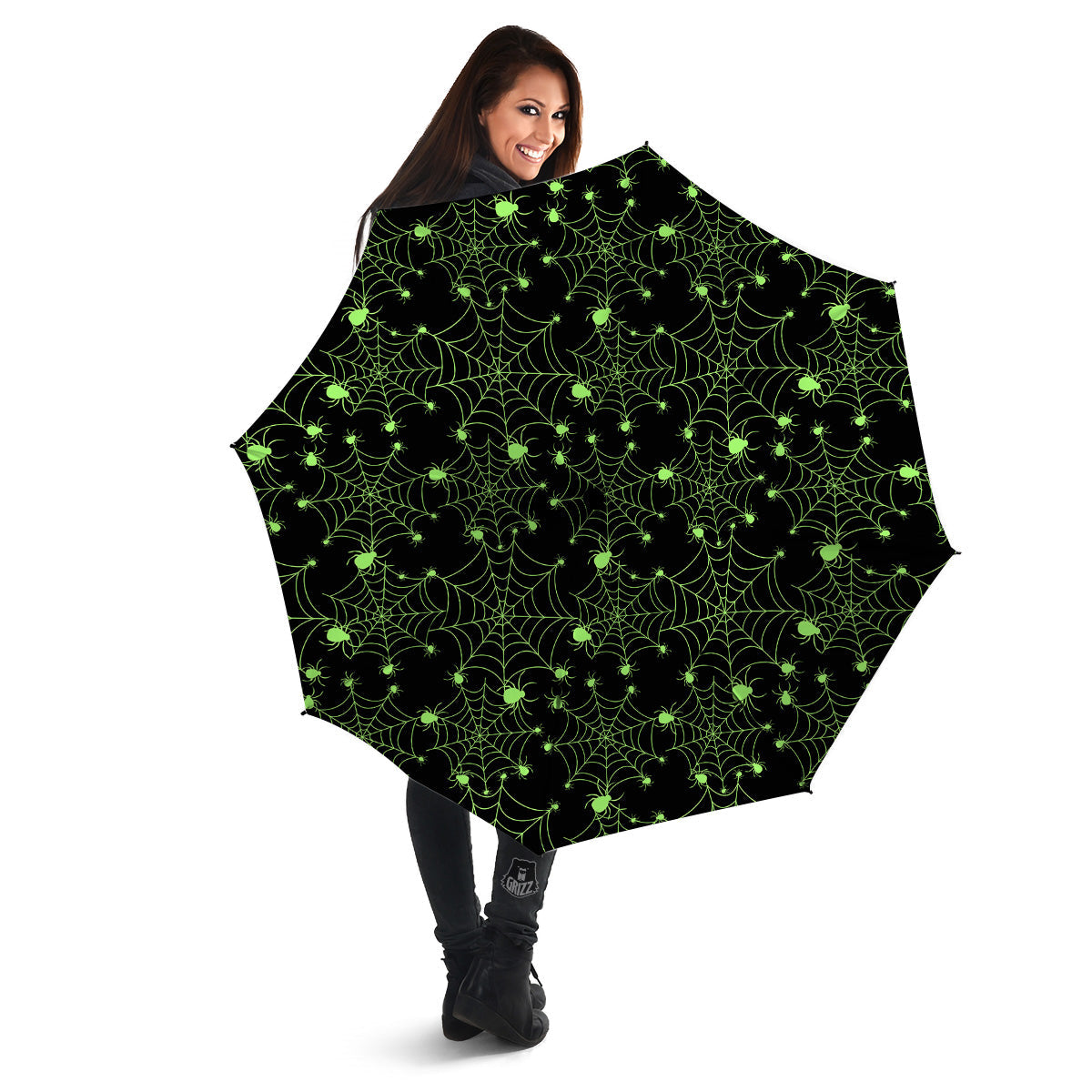 Spider Black And Green Neon Spider Web Print Pattern Umbrella-grizzshop