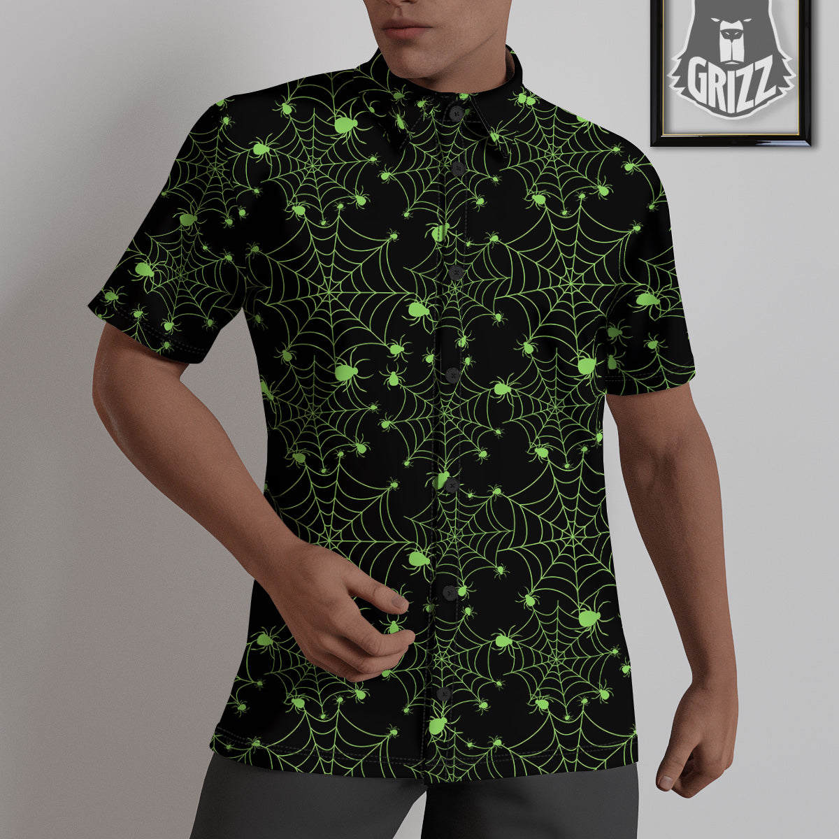 Spider Black And Green Neon Spider Web Print Pattern Untucked Shirts-grizzshop