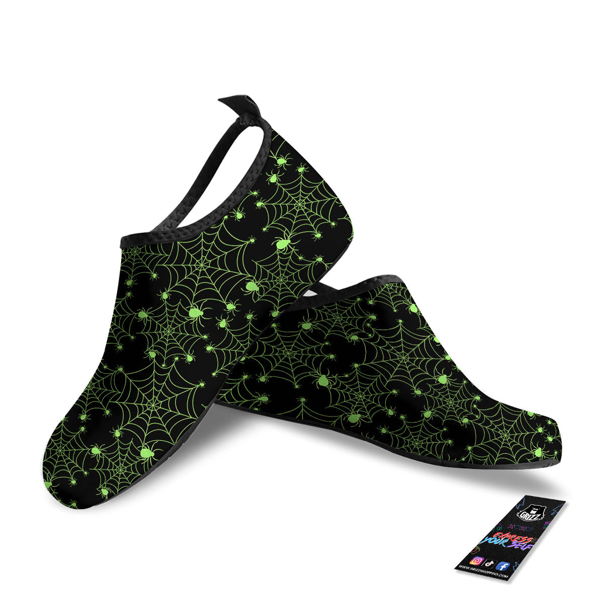 Spider Black And Green Neon Spider Web Print Pattern Water Shoes-grizzshop