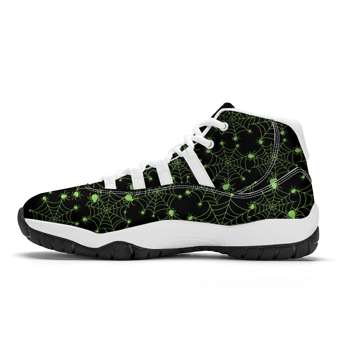 Spider Black And Green Neon Spider Web Print Pattern White Bball Shoes-grizzshop