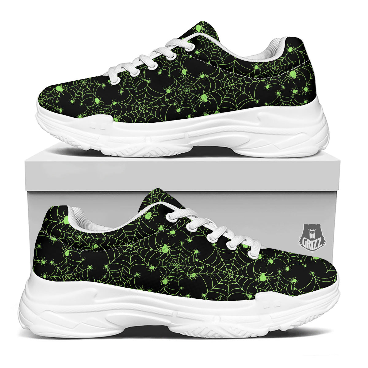 Spider Black And Green Neon Spider Web Print Pattern White Chunky Shoes-grizzshop