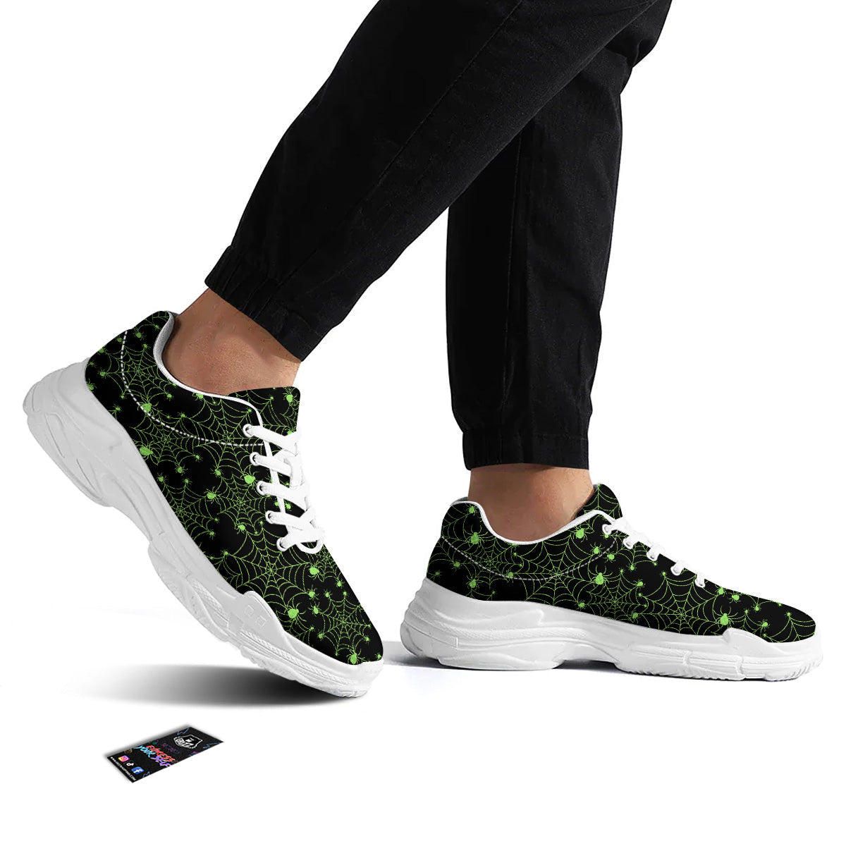 Spider Black And Green Neon Spider Web Print Pattern White Chunky Shoes-grizzshop