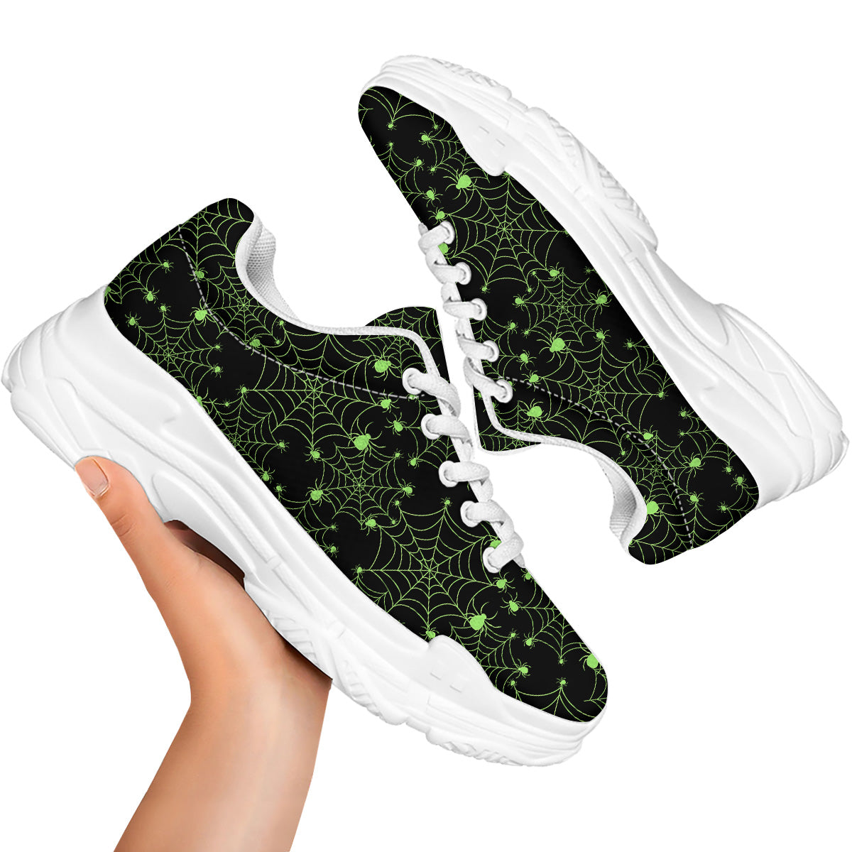 Spider Black And Green Neon Spider Web Print Pattern White Chunky Shoes-grizzshop