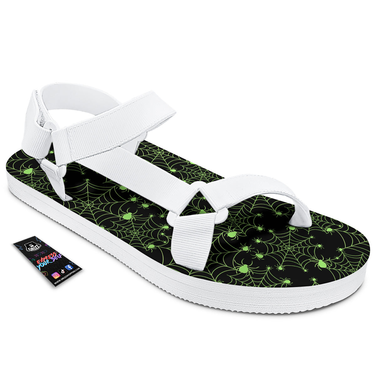 Spider Black And Green Neon Spider Web Print Pattern White Open Toe Sandals-grizzshop