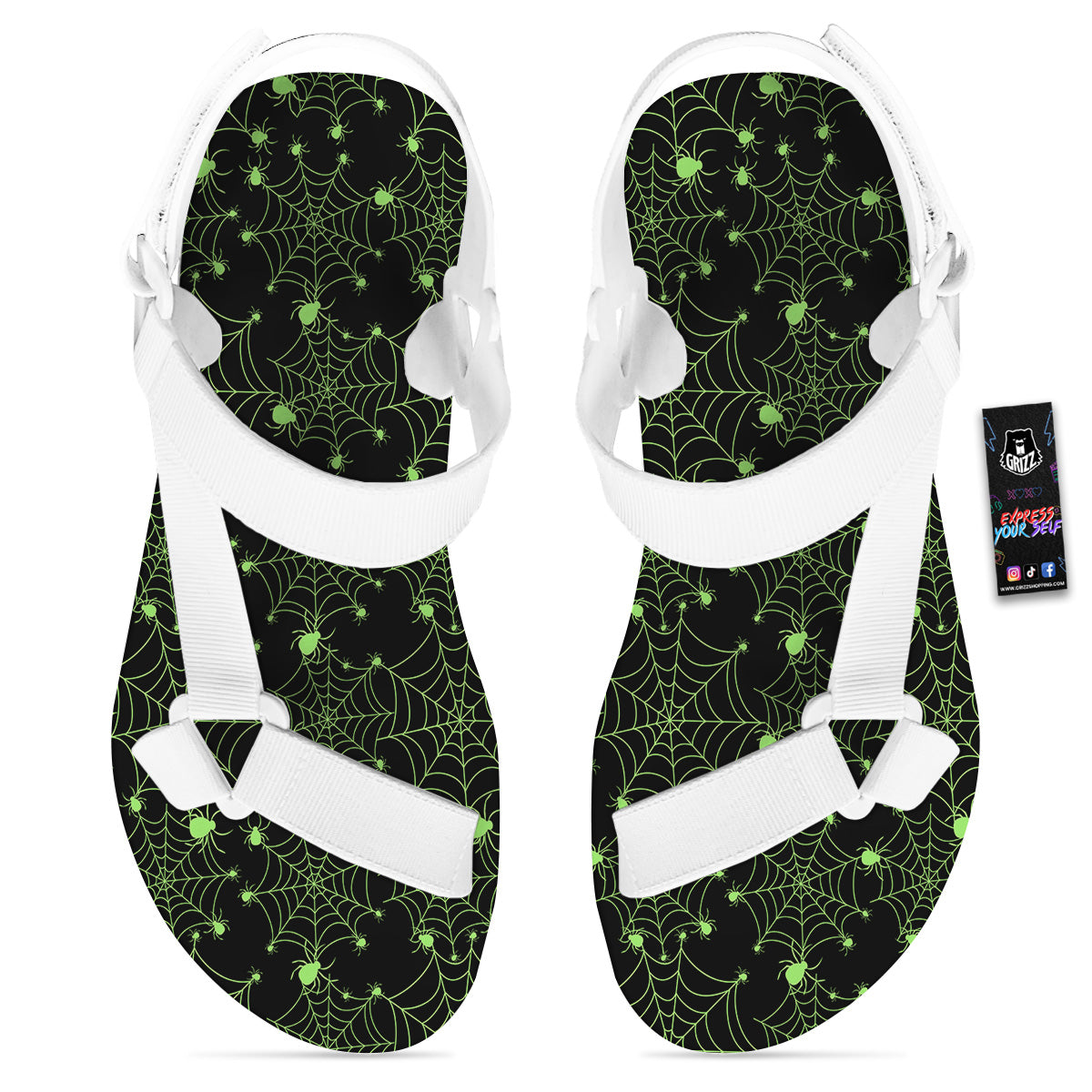 Spider Black And Green Neon Spider Web Print Pattern White Open Toe Sandals-grizzshop
