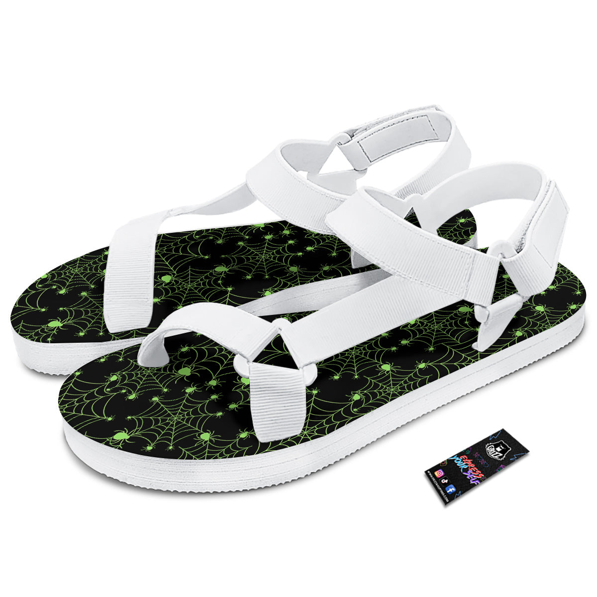 Spider Black And Green Neon Spider Web Print Pattern White Open Toe Sandals-grizzshop