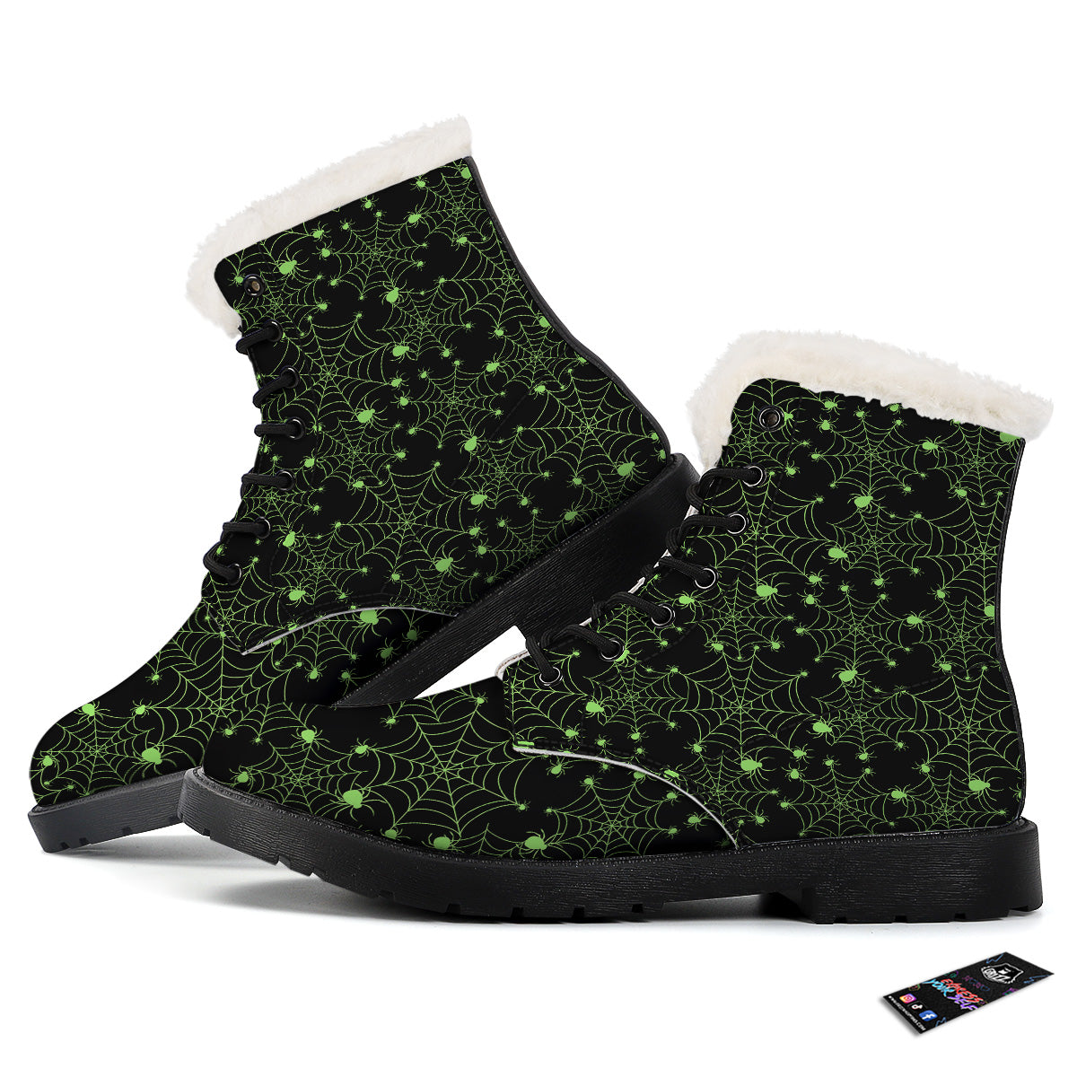 Spider Black And Green Neon Spider Web Print Pattern Winter Boots-grizzshop