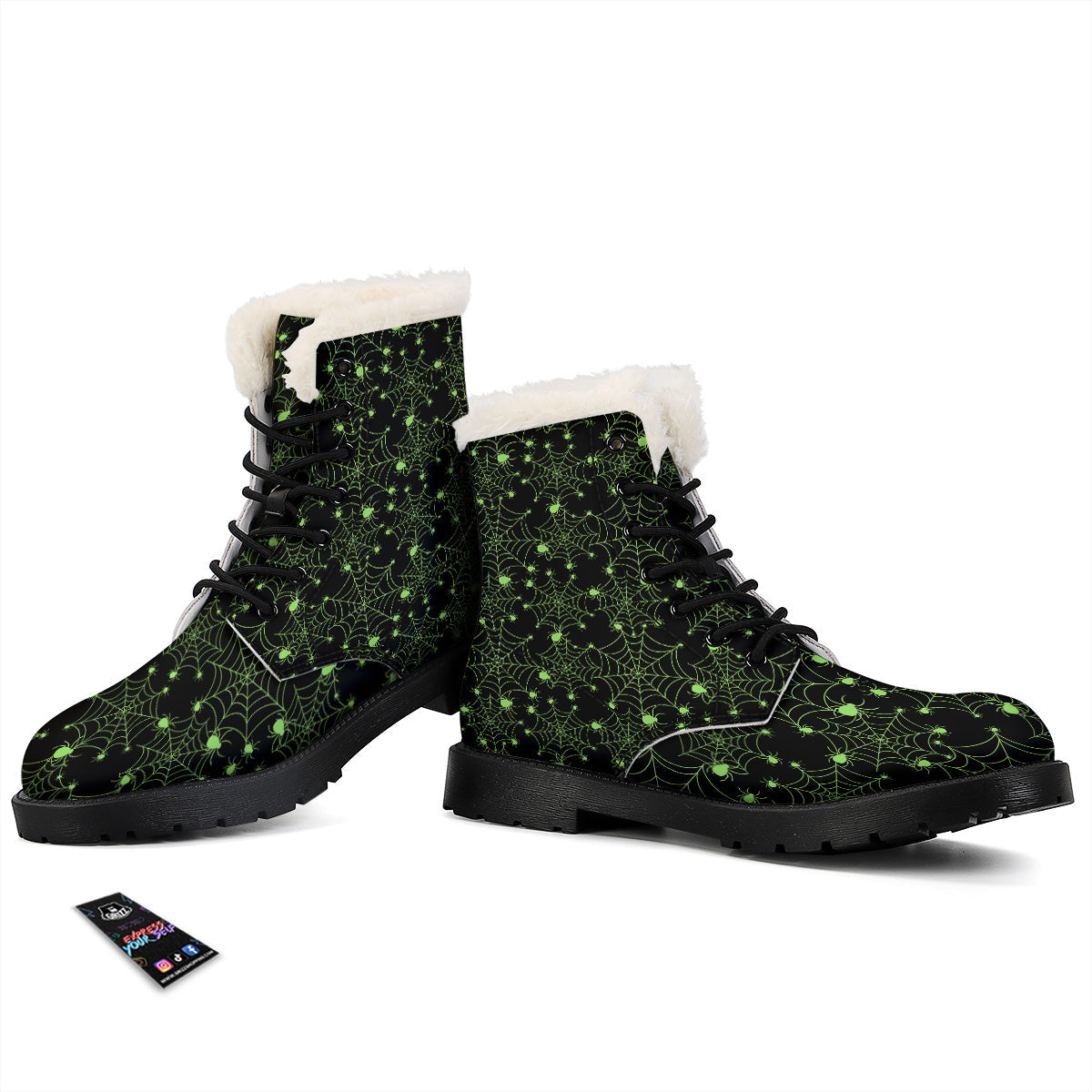 Spider Black And Green Neon Spider Web Print Pattern Winter Boots-grizzshop