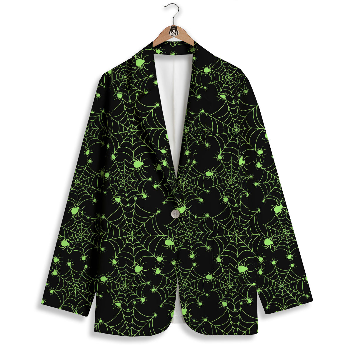 Spider Black And Green Neon Spider Web Print Pattern Women's Blazer-grizzshop