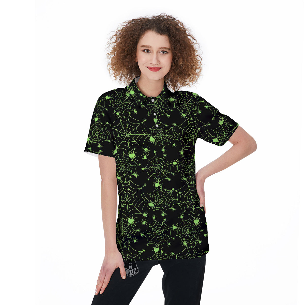Spider Black And Green Neon Spider Web Print Pattern Women's Golf Shirts-grizzshop