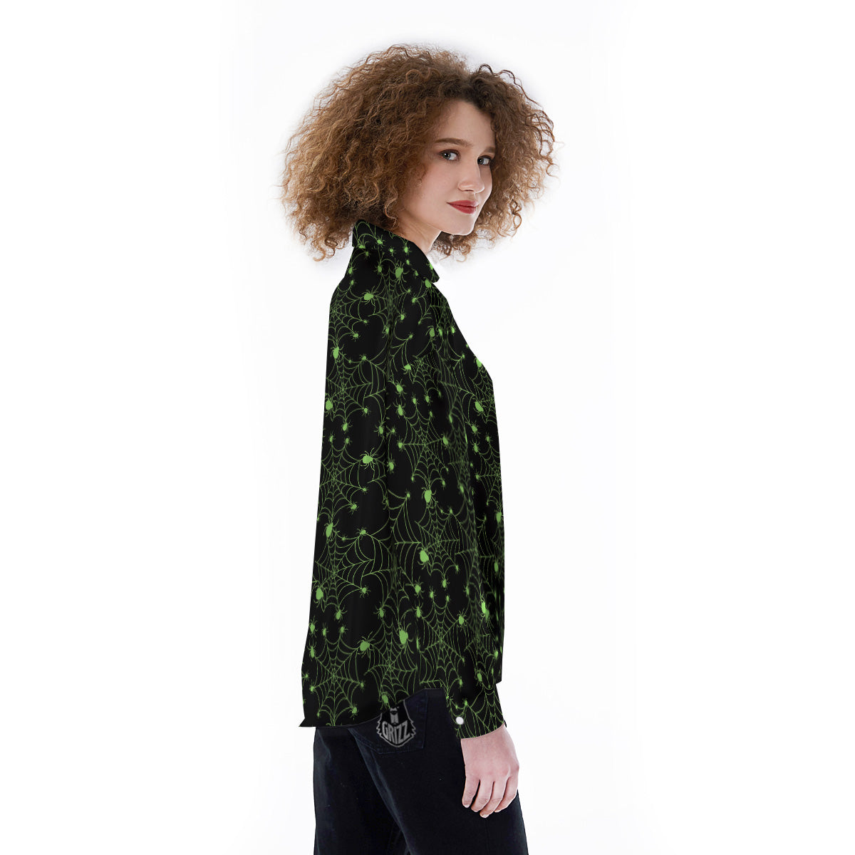 Spider Black And Green Neon Spider Web Print Pattern Women's Long Sleeve Shirts-grizzshop