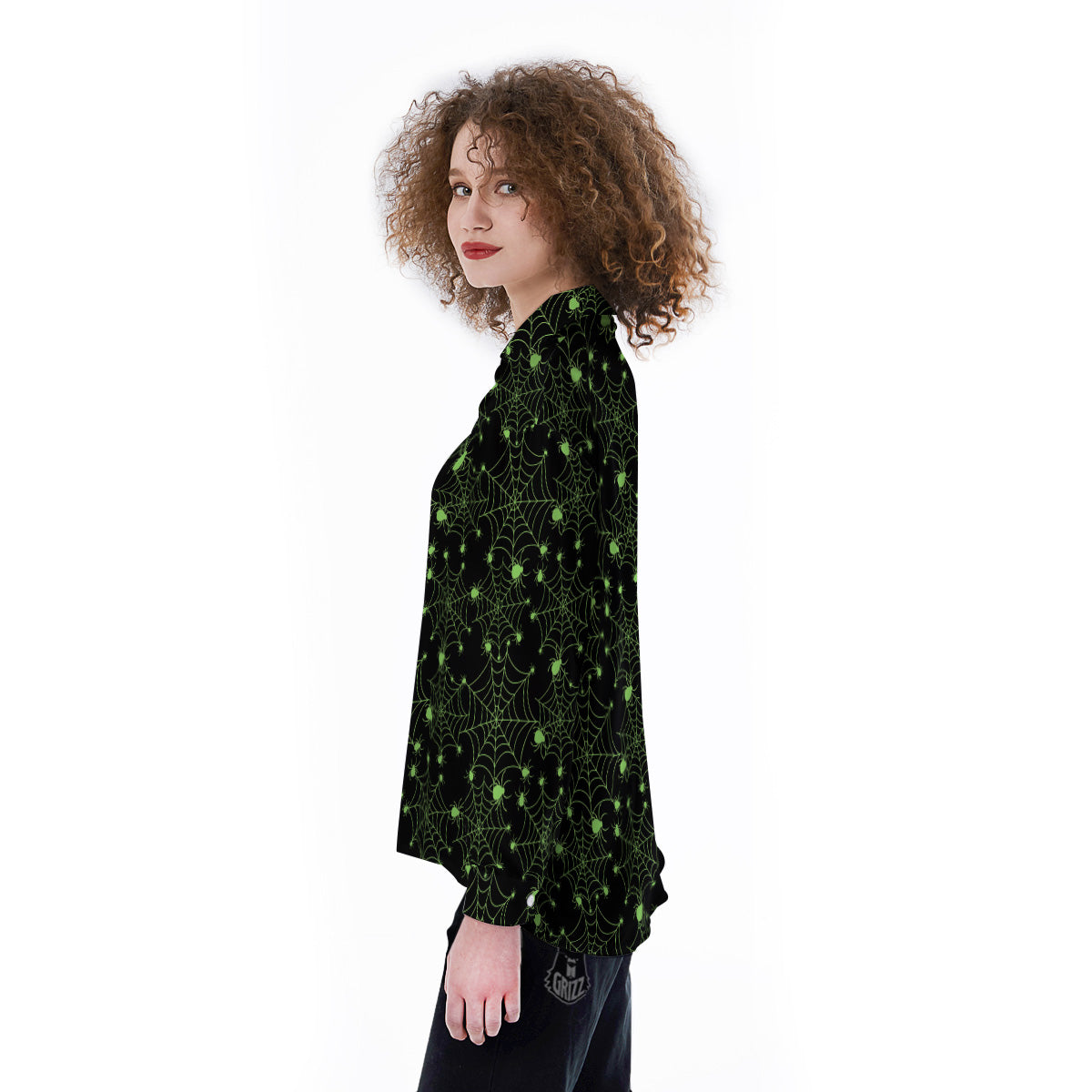 Spider Black And Green Neon Spider Web Print Pattern Women's Long Sleeve Shirts-grizzshop