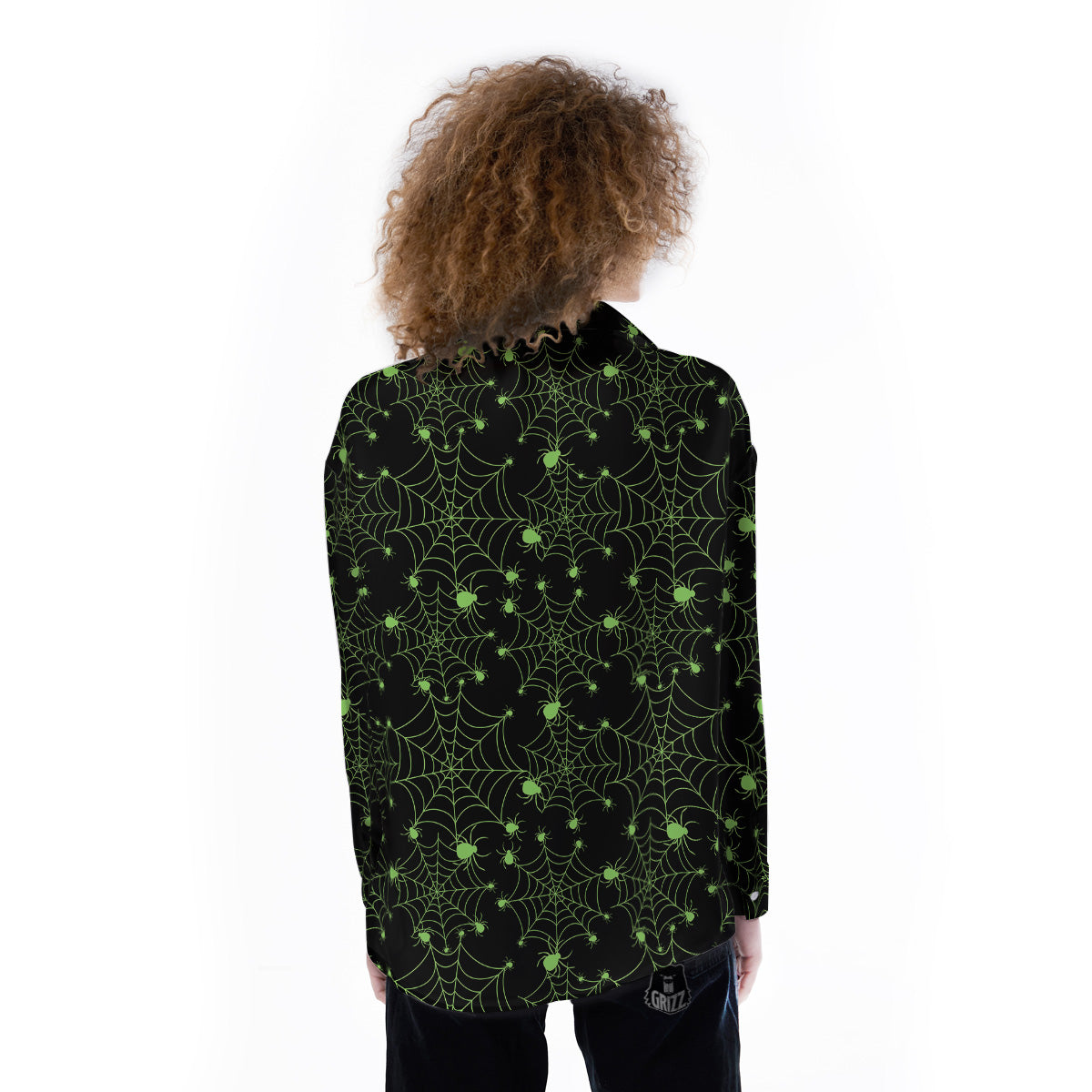 Spider Black And Green Neon Spider Web Print Pattern Women's Long Sleeve Shirts-grizzshop