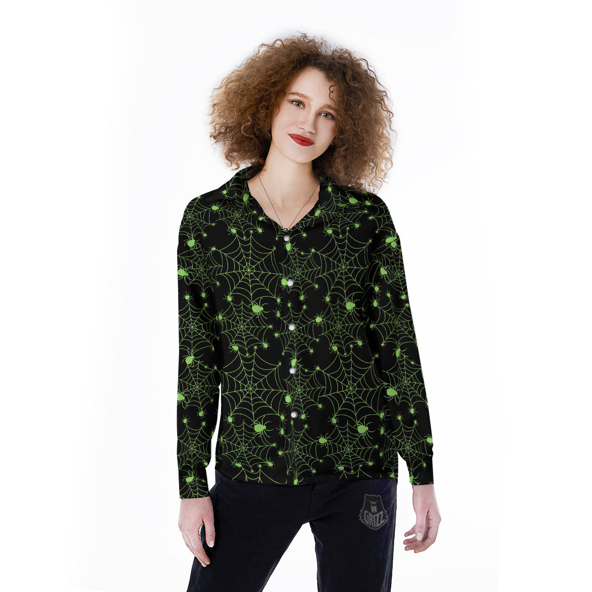 Spider Black And Green Neon Spider Web Print Pattern Women's Long Sleeve Shirts-grizzshop