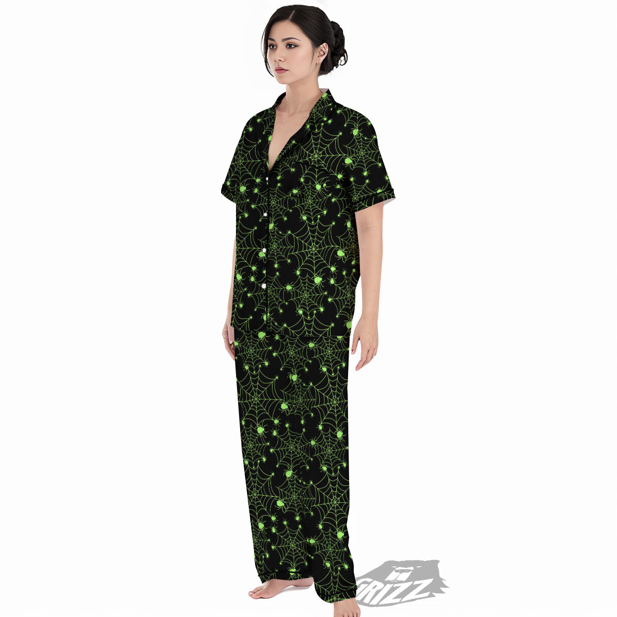 Spider Black And Green Neon Spider Web Print Pattern Women's Pajamas Set-grizzshop