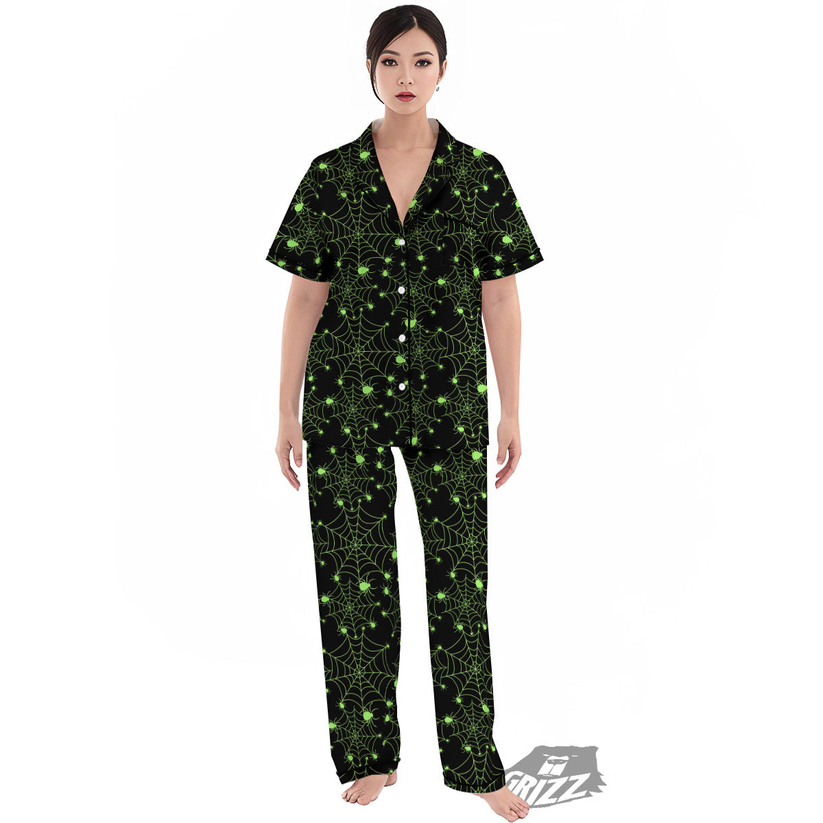 Spider Black And Green Neon Spider Web Print Pattern Women's Pajamas Set-grizzshop