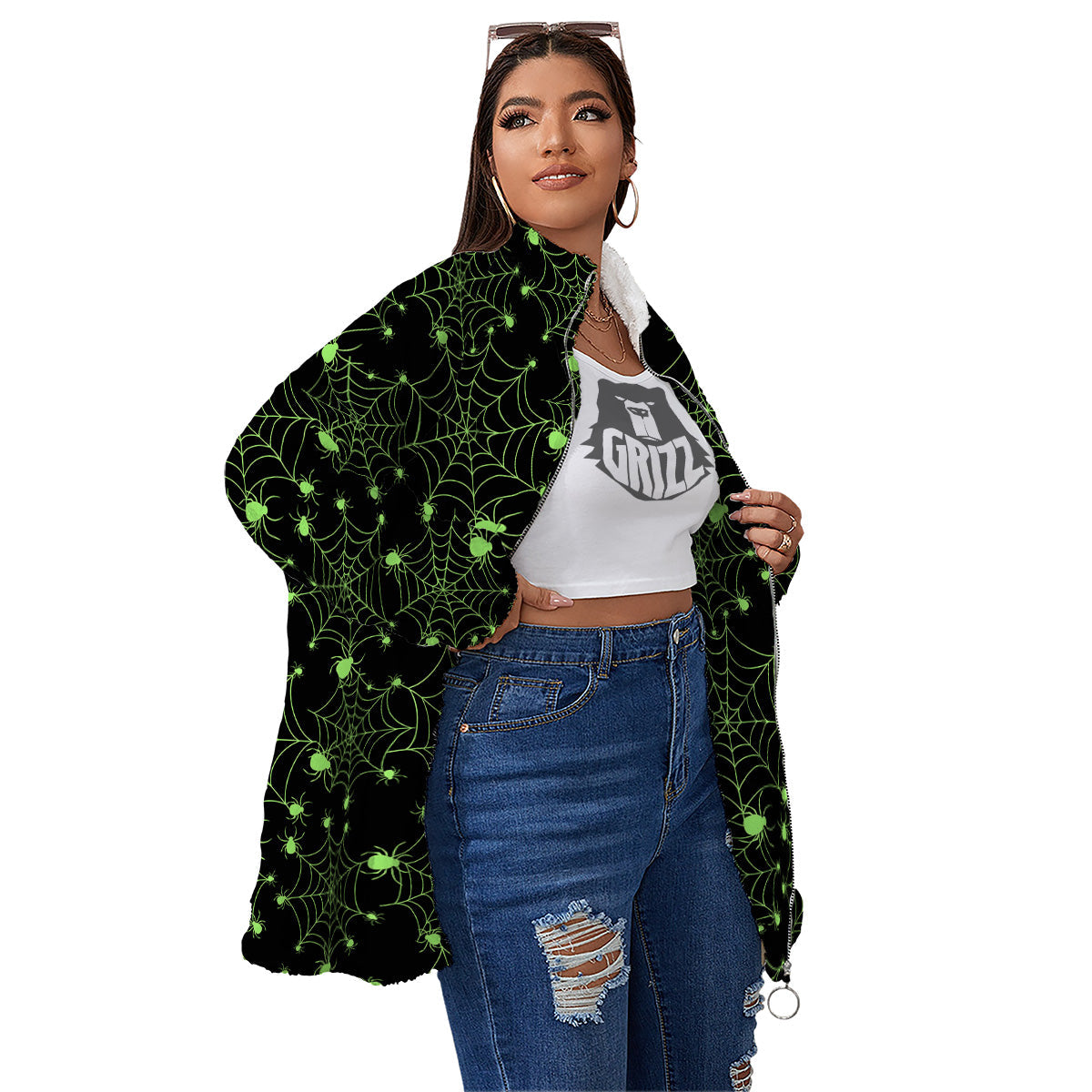 Spider Black And Green Neon Spider Web Print Pattern Women's Sherpa Jacket-grizzshop