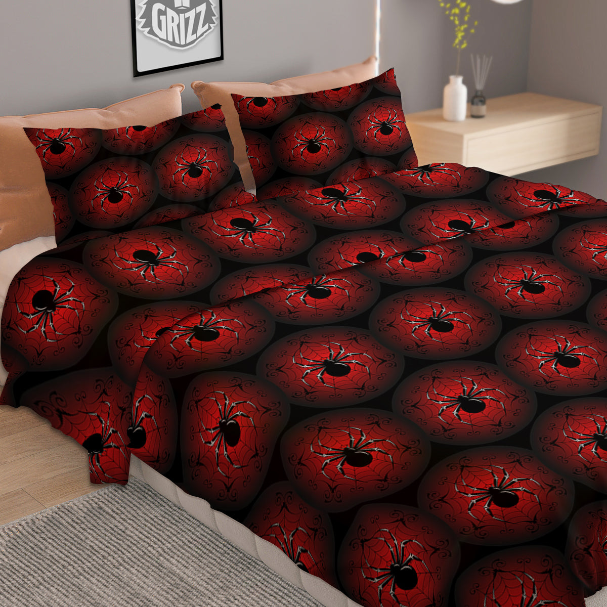 Spider Black And Red Spider Web Print Pattern Duvet Cover Bedding Set