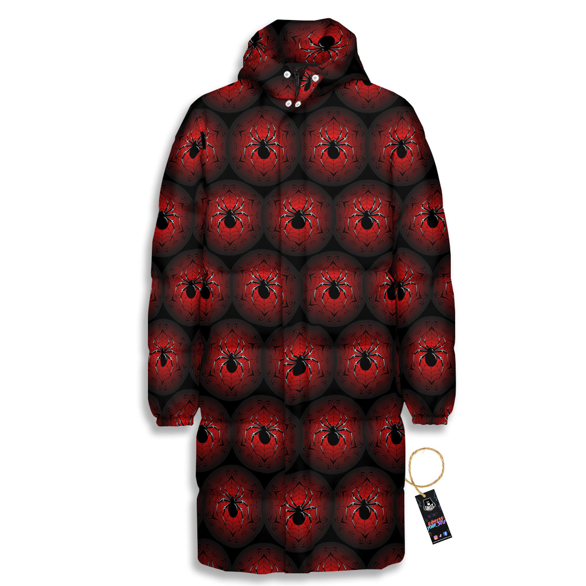 Spider Black And Red Spider Web Print Pattern Long Down Jacket-grizzshop