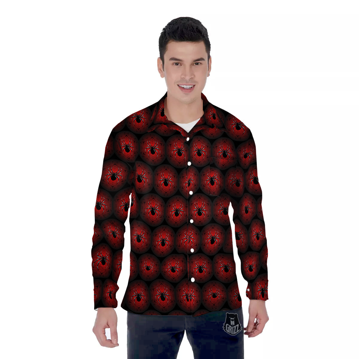 Spider Black And Red Spider Web Print Pattern Men's Long Sleeve Shirts-grizzshop